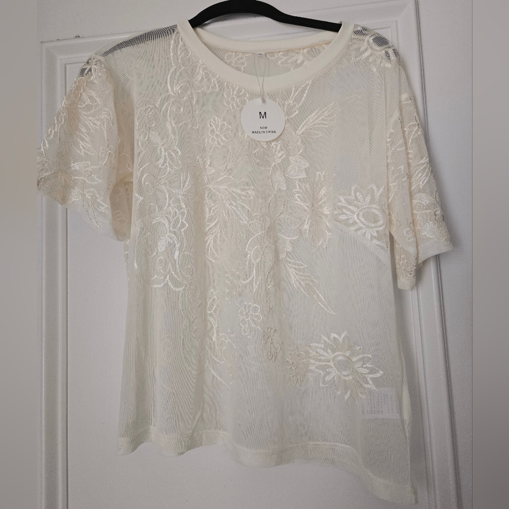 Amazon Elegant Mesh Cream Lace Top